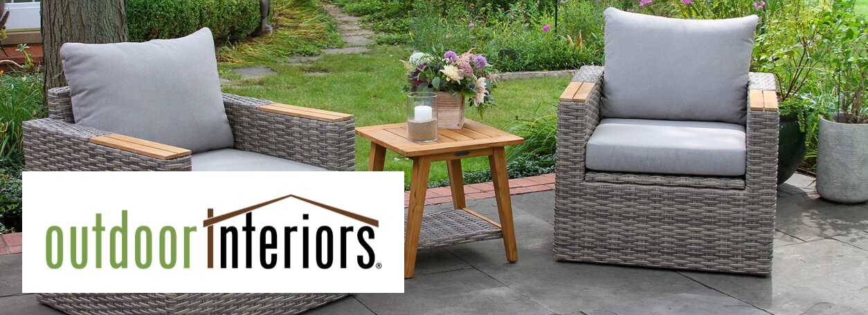 Outdoor Interiors logo with premium backyard furniture chairs