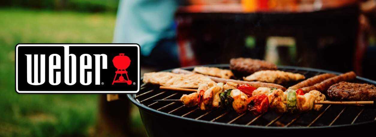 Weber logo with weber grill in backyard